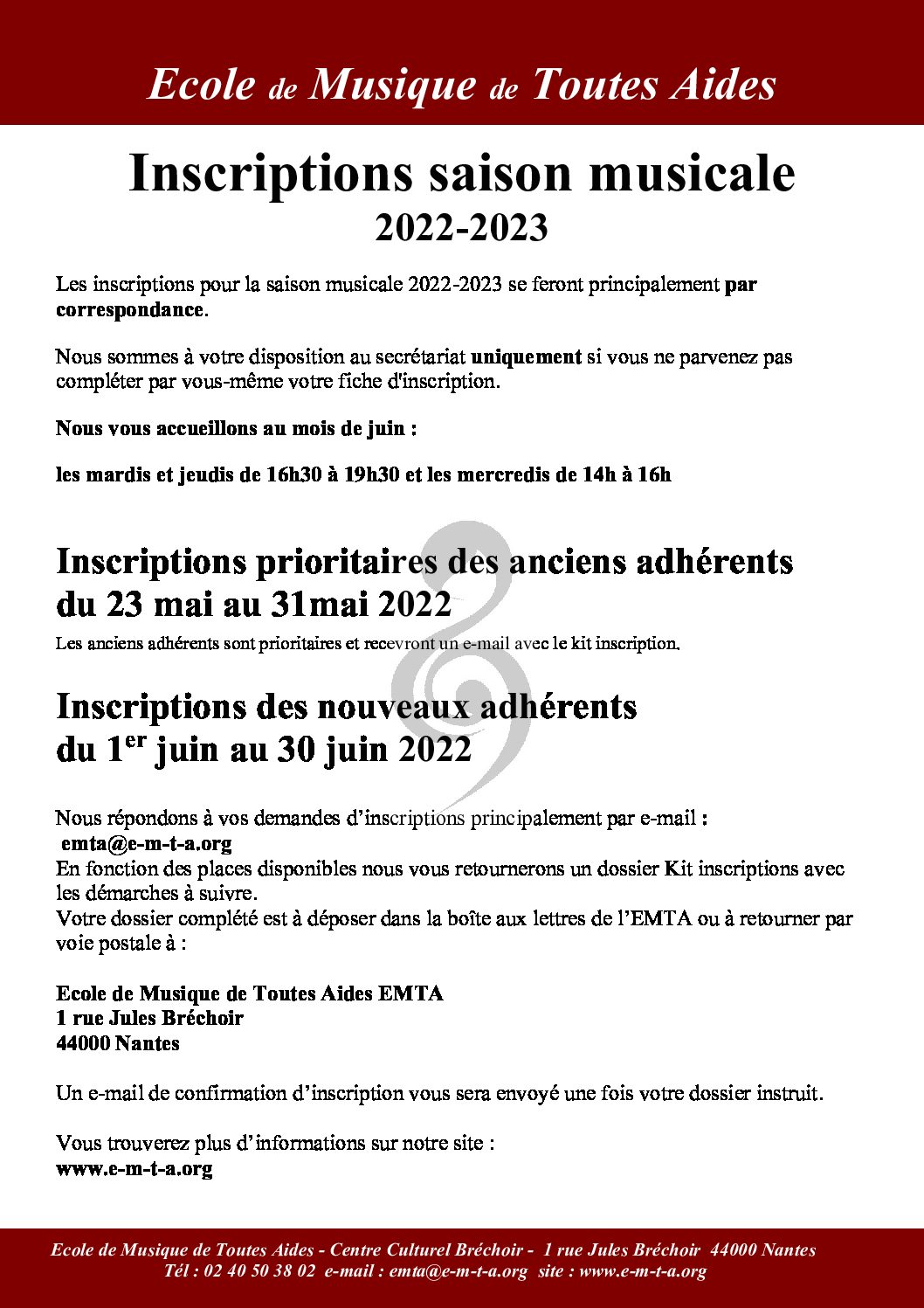 Inscriptions saison musicale 2022-2023